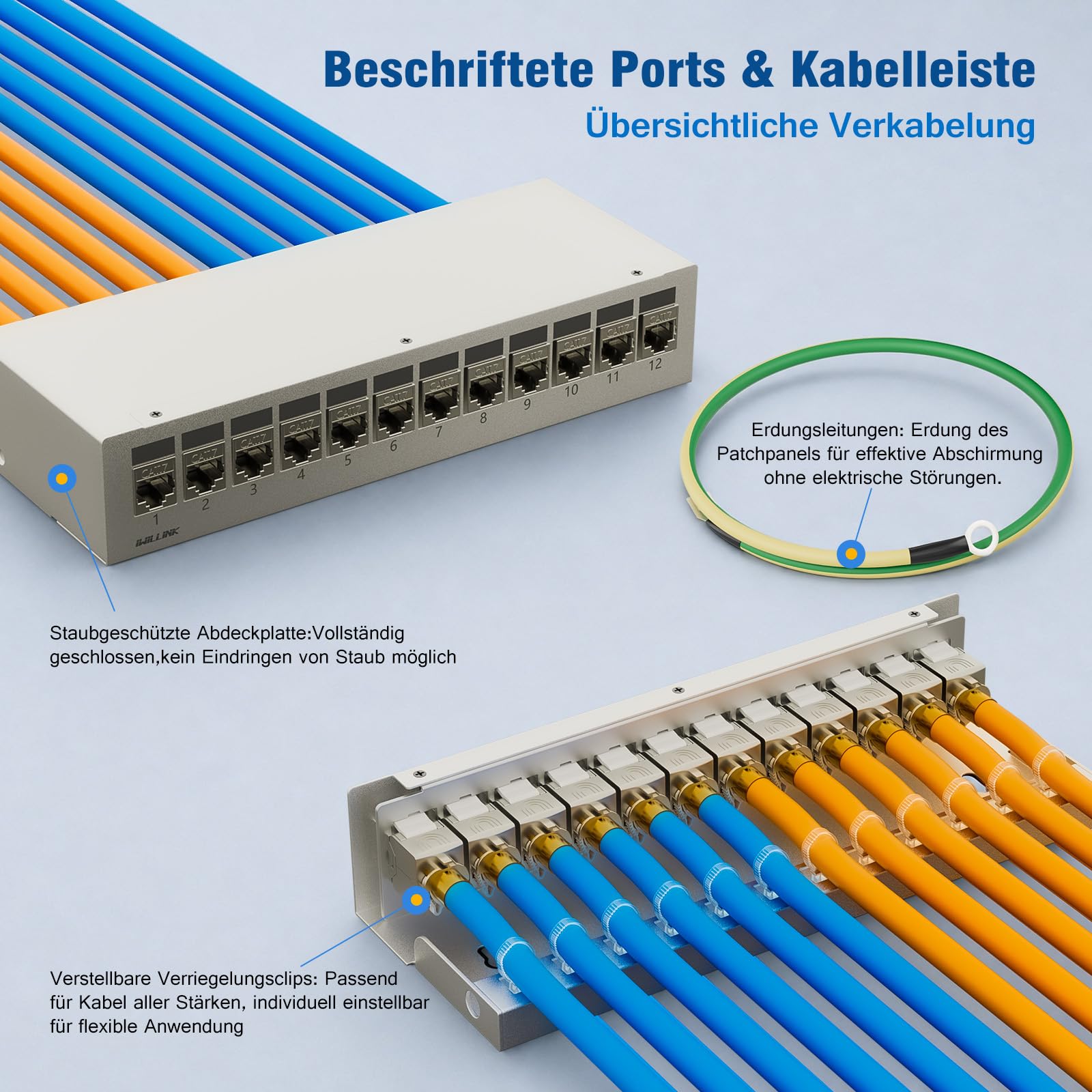 iwillink Panneau de brassage 12 ports 1 HE avec modules Keystone CAT 7 RJ45 Blanc