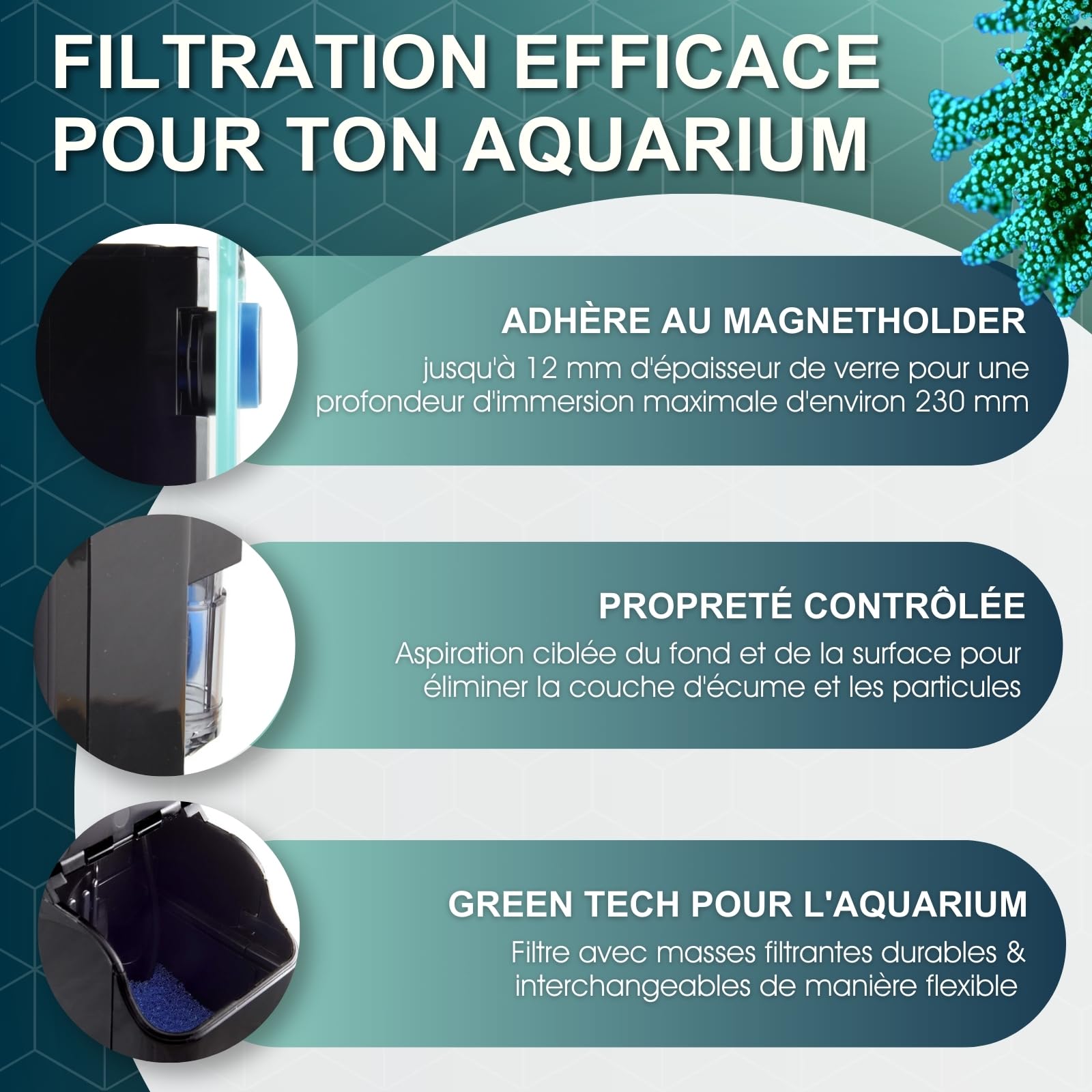 Tunze Comline Filter 3162 l Wasserfilter zur Oberflächenabsaugung + Absaugung von Bodennähe für Aquarien mit 60-400 L l Aquariumfilter mit starker Magnethalterung l flexibles Filtermedium