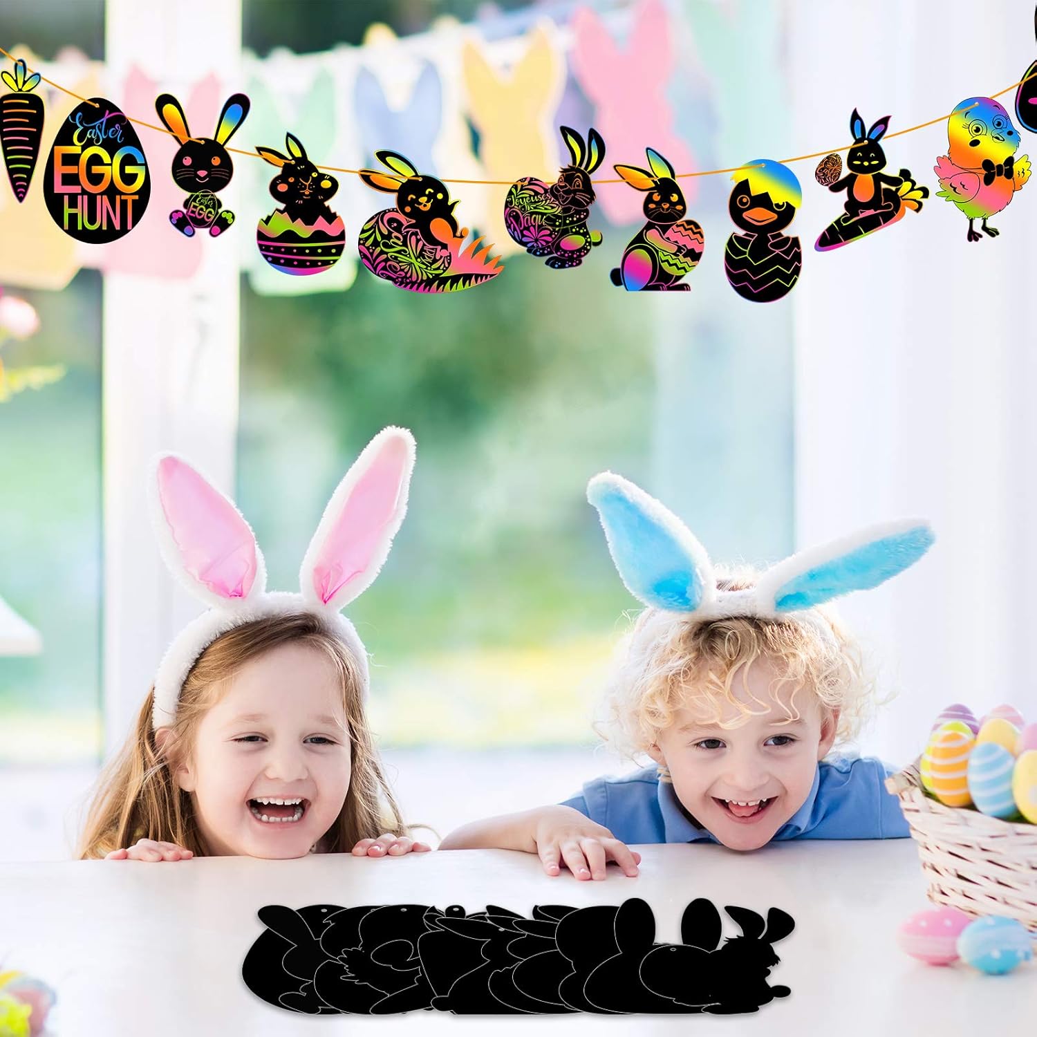 FEPITO 24 Pcs Easter Scratch Paper Kits Bunny Scratch Paper Black Doodle Pad Magic Painting Board Craft with 10 Wooden Stylus and 8M Ribbons for Easter - Image 3