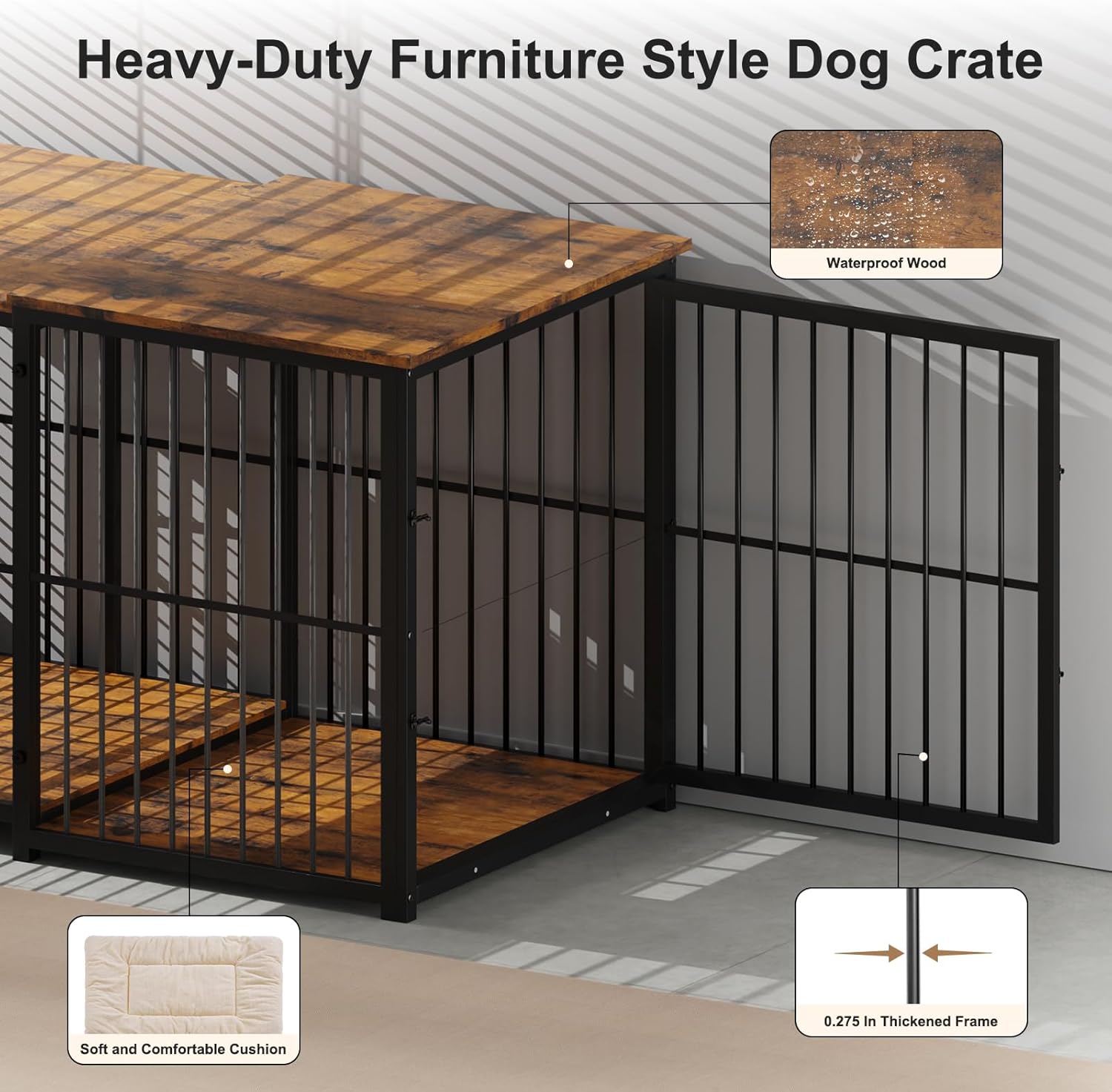 Erinnyees 45.6" Dog Crate Furniture, Wooden Dog Kennel with Retractable Design for Small Medium Large Dogs, Heavy-Duty Side Table Style Indoor Dog Cage with Cushion, 24–45.6 Inch