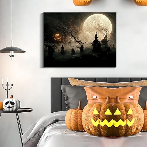 Miniatura 115 de Denozer Lienzo decorativo para pared de Halloween, castillo de terror de 32 x 24 pulgadas, decoración de pared de luna, decoración de otoño de Obra