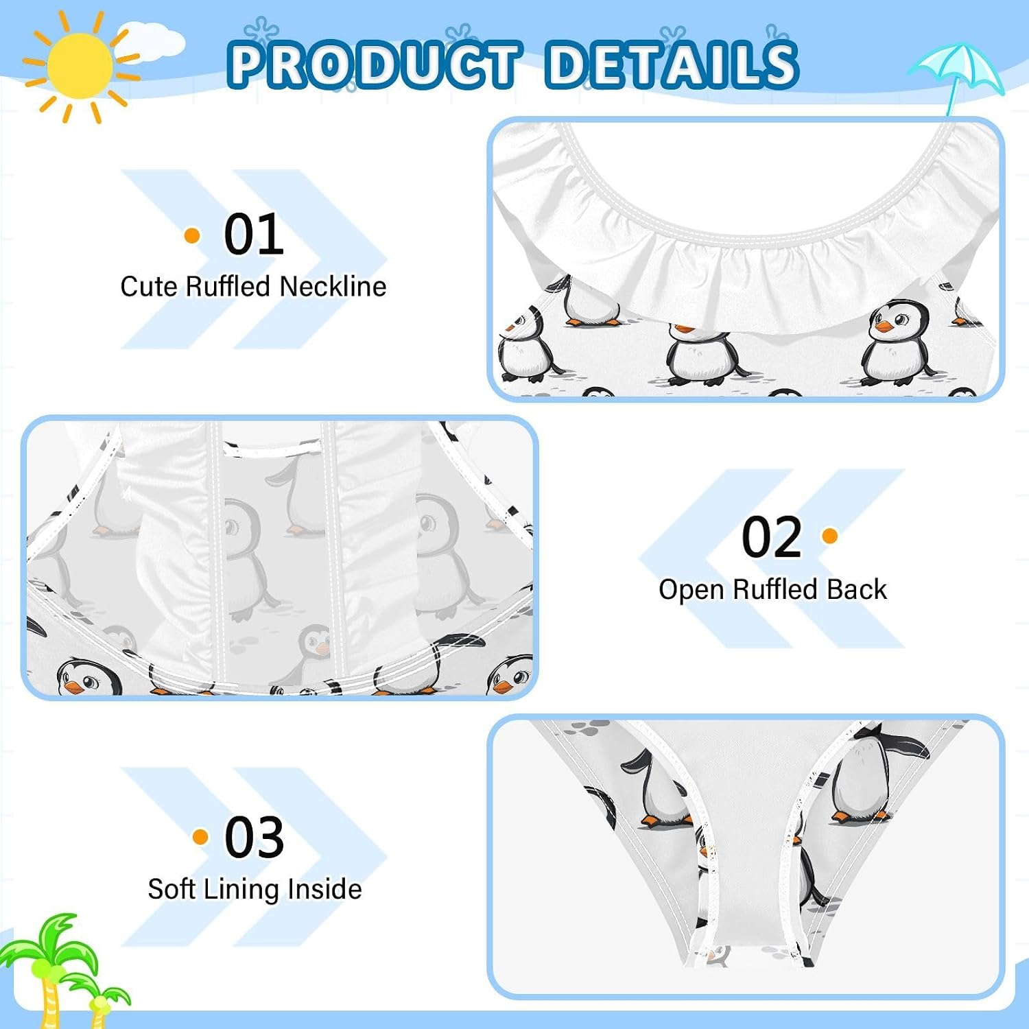 visesunny Girls One Piece Swimsuits Ruffle Swimwear Cartoon Little Penguin Bathing Suits for Girls 3-6Y