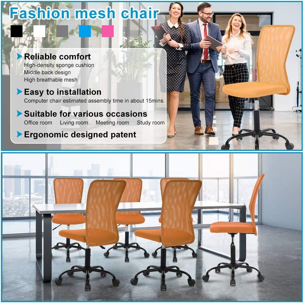 Home Office Chair, Mid Back Mesh Computer Desk Chair, Height Adjustable Small Task Chairs, No Armrest Rolling Swivel Chair for Boys Girls Student with Wheels, Orange