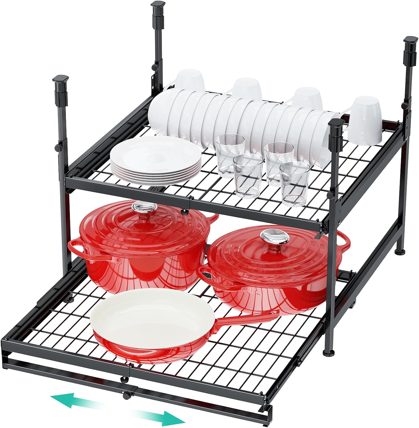 Hisencn 2 Tier Pull Out Cabinet Organizer Expandable 13-21 Inch Wide, No-Drill Slide Out Drawers Kitchen Cabinets Pull Out Shelves, Pantry Spice Pot and Pan Organizer Under Cabinet Storage Basket-21″D