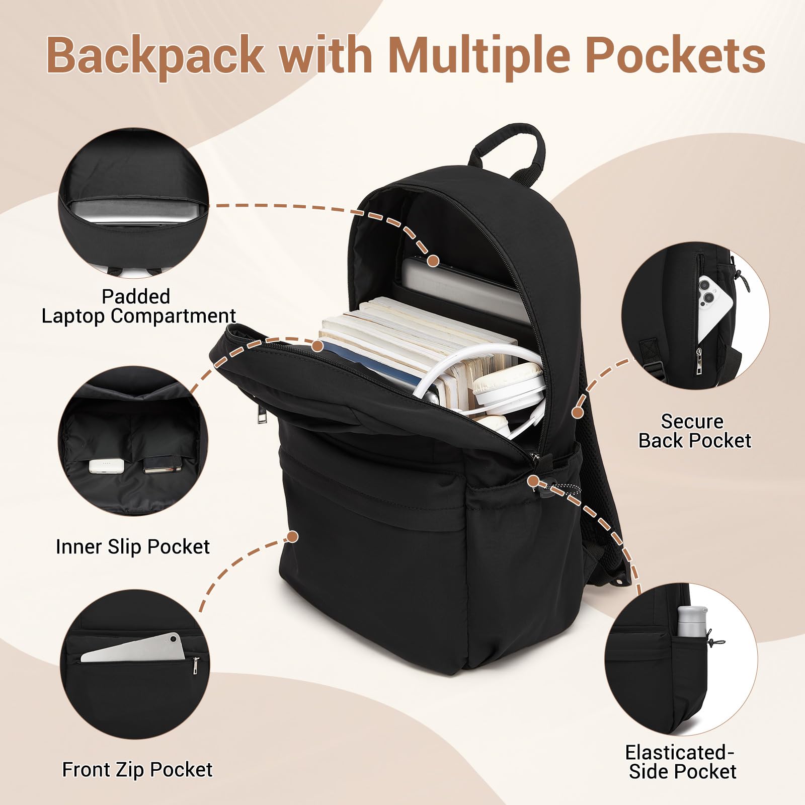 Kono Sac à Dos Scolaire 15,6 Pouces pour Ordinateur Portable, Grande Capacité, Multi-Poches, Imperméable et Léger, pour Lycée, Université, Étudiant, Femme et Homme (Noir)