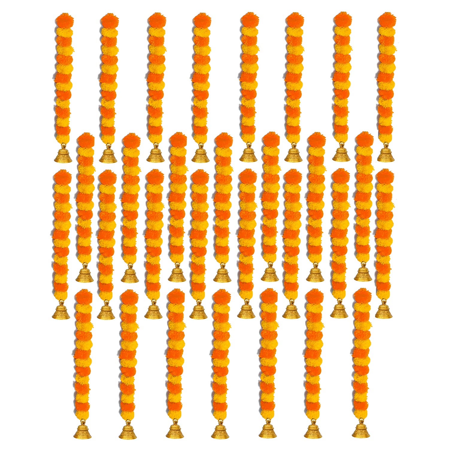 iHandikart Marigold Garland Artificial Fluffy Flower with Bell in The Bottom Used for Office Home Diwali Decoration|Colour Yellow & Light Orange, Pack of 30 (31555)