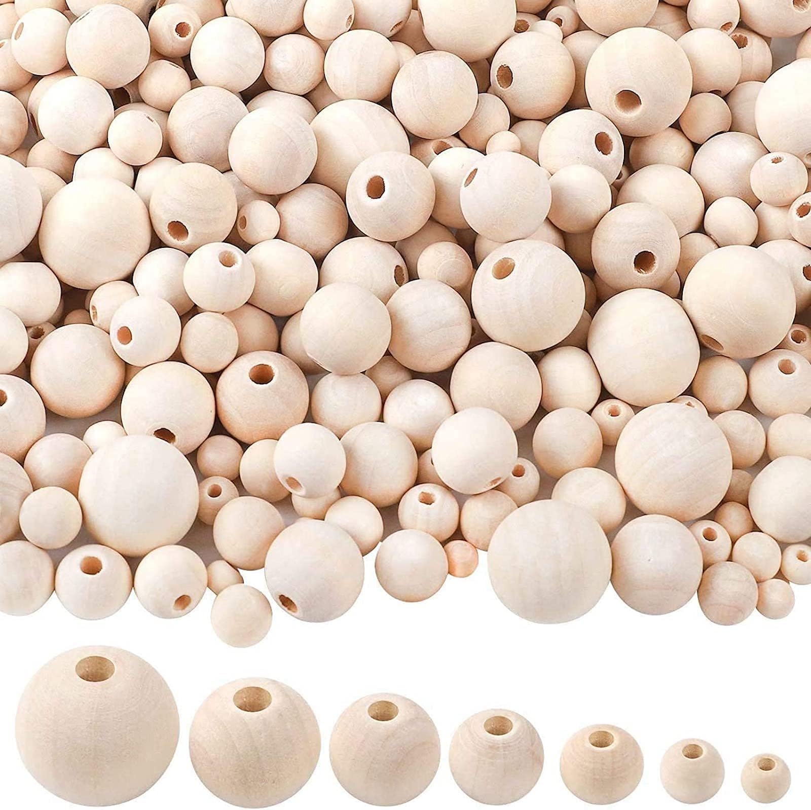 1000pcs Wooden Beads Natural Round Wood Beads Unfinished Loose Beads for DIY Craft Making Home Farmhouse Decoration 7 Sizes (6mm 8mm 10mm 12mm 14mm 16mm 20mm)