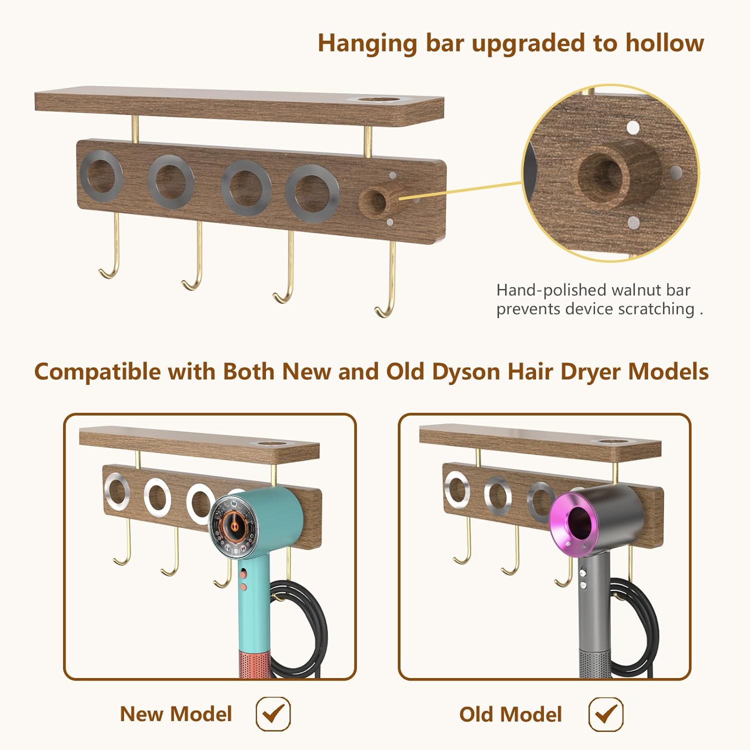 Affogato Hair Dryer Holder Wall Mount Compatible with Dyson Supersonic, Blow Dryer Accessories and Attachments Organizer Storage Rack, Wood