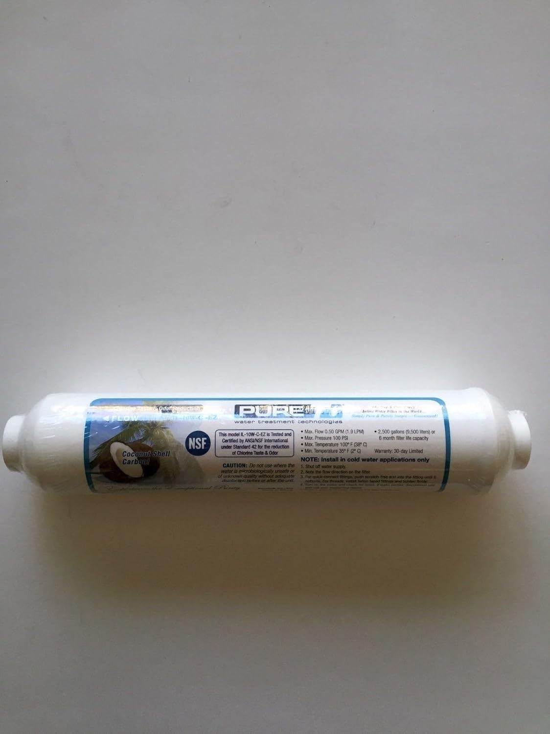 PURE T IL-10W-C-EZ REVERSE OSMOSIS IN-LINE CARBON FILTER 10 X 2 1/4" QUICK CONNECT ENDS