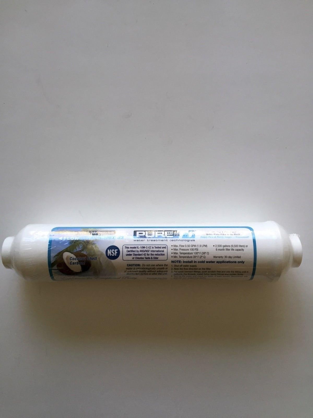 PURE T IL-10W-C-EZ REVERSE OSMOSIS IN-LINE CARBON FILTER 10 X 2 1/4" QUICK CONNECT ENDS