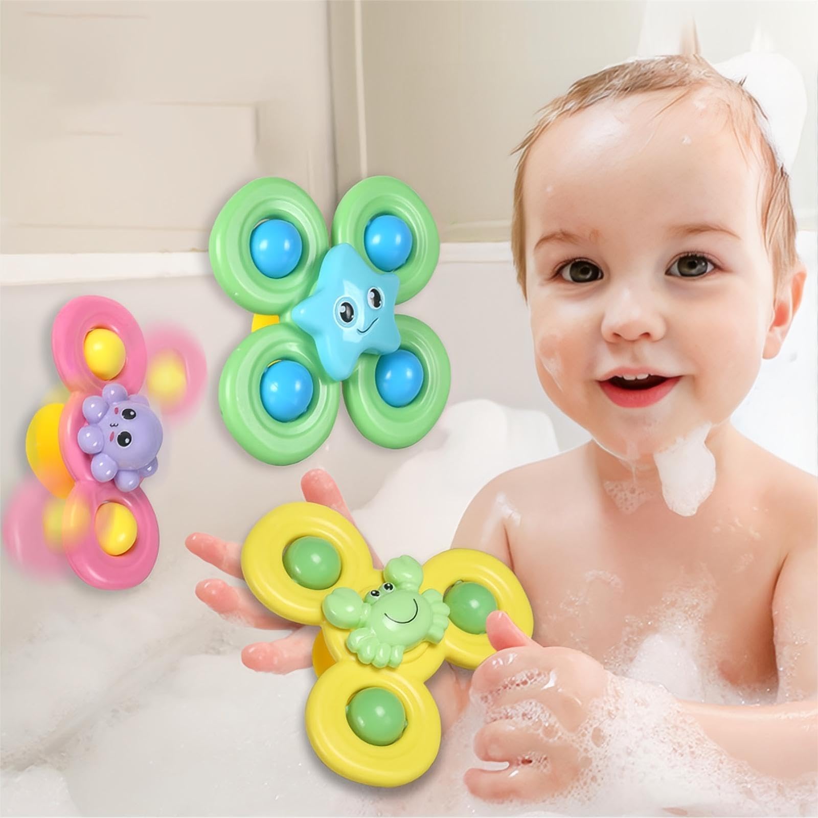 3 Pieces Suction Cup Toys for Children and Babies – Bath Spinner, Sensorial, for Bath – Over 1 Year Old