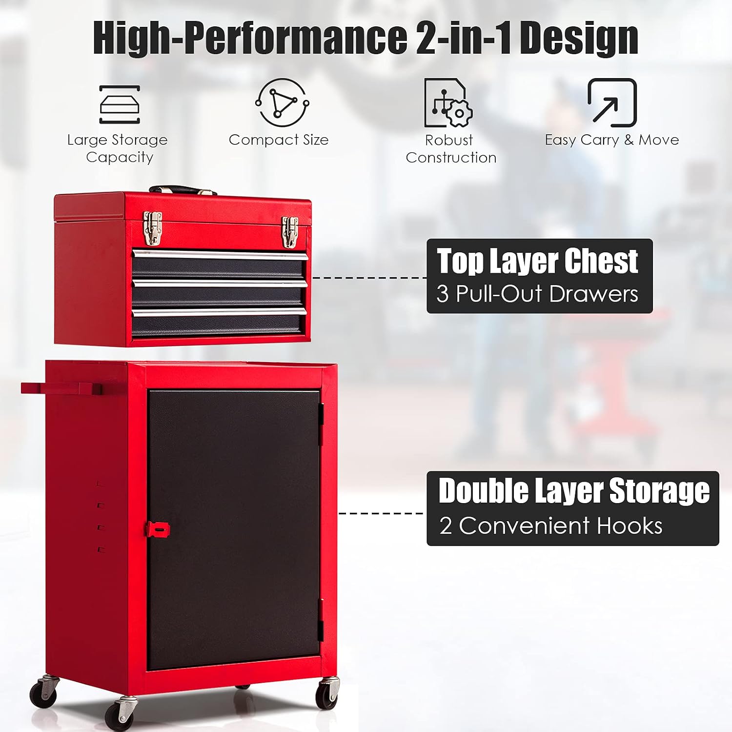 Giantex Mini 3 Drawer Rolling Tool Box, 2Pc Metal Tool Storage Cabinet Organizer with Wheels and Locking System, Removable Small Combo Tool Chest Workbench for Garage