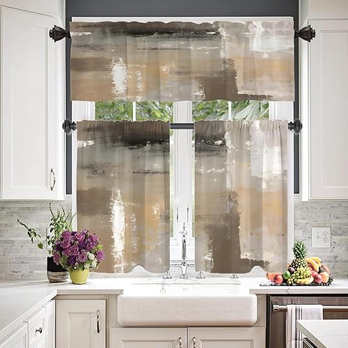 Miniatura 982 de Cenefas de cocina modernas con patrón de cobre marrón dorado para ventanas, cenefas opacas abstractas de marcas de arañazos y cortinas opacas