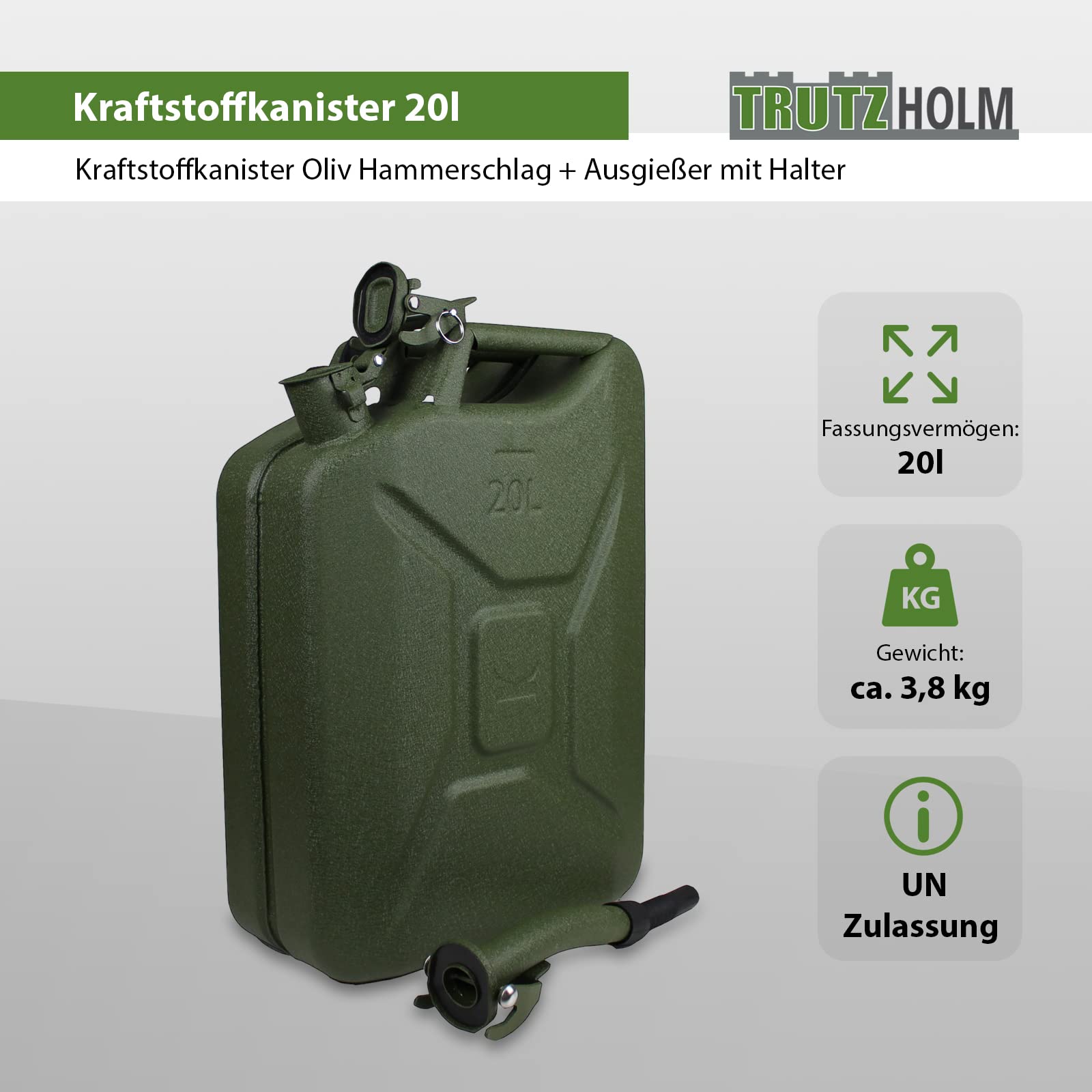TRUTZHOLM Kraftstoffkanister Benzin und Diesel 20 Liter kratzfeste olivfarbene Hammerschlagbeschichtung inkl. Ausgießer mit Halter Metallkanister Dieselkanister Benzinkanister UN-Zulassung (3)