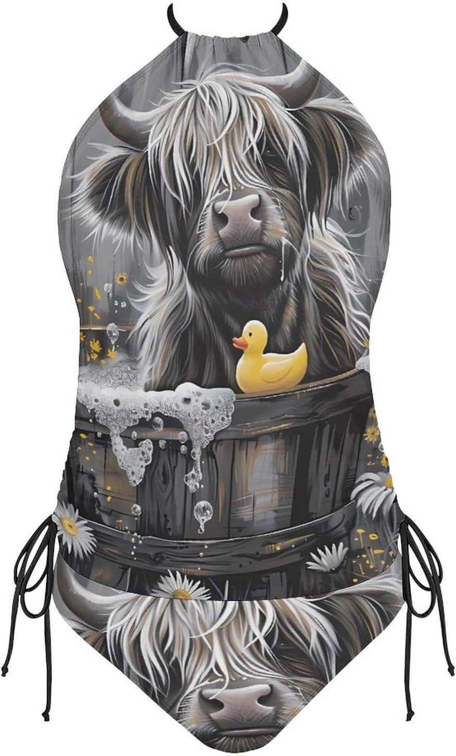 Highland Cow in Bathtub Rubber Duck Women's Tankini Swimsuit Two Piece Tummy Control Bathing Suits Tie String Swimwear