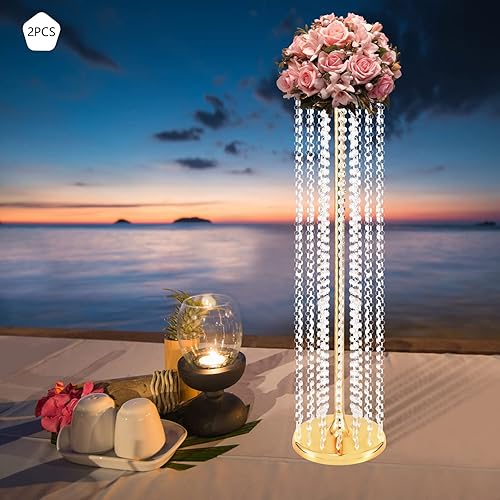 Miniatura 9 de 2 piezas de centro de mesa de boda dorado de 354 pulgadas de alto jarrones de flores de cristal dorado soporte de flores de metal elegante