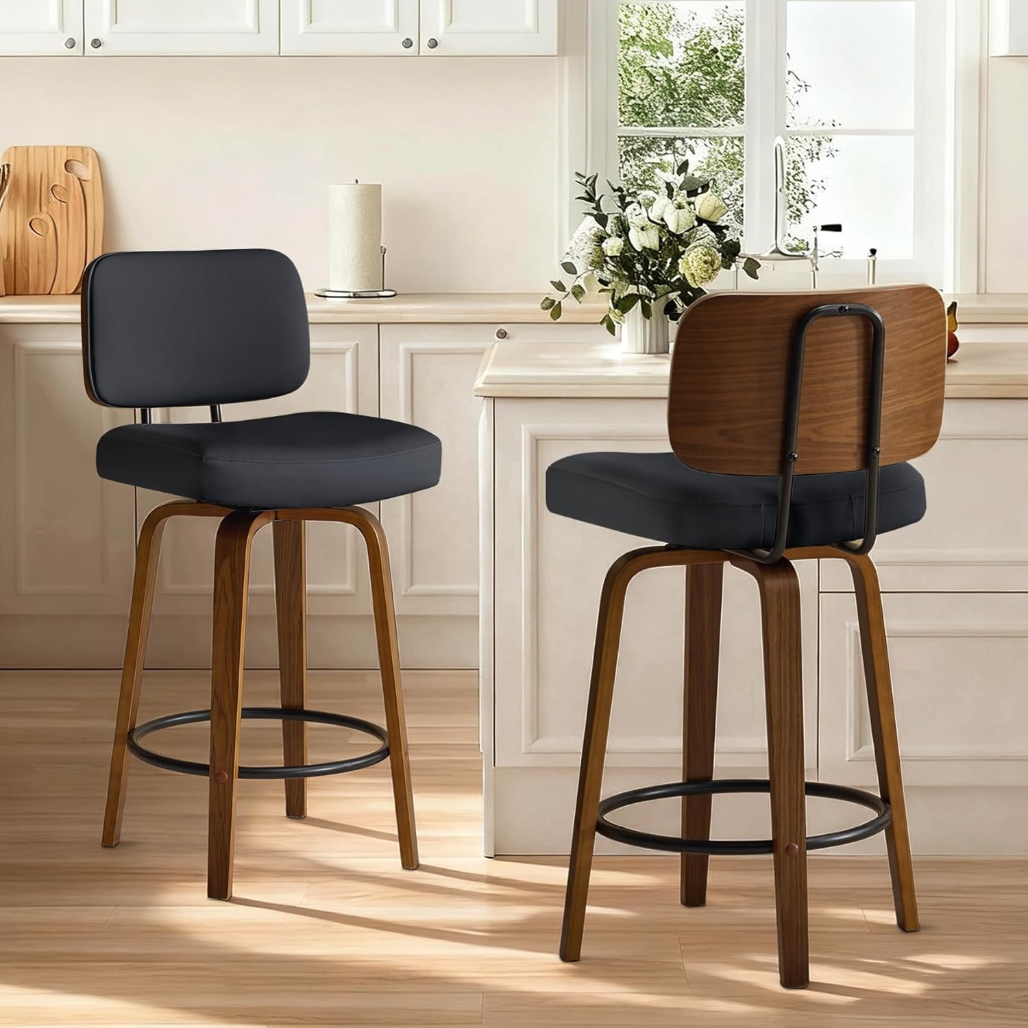 Counter Height Bar Stools Set of 2, 26+inch Swivel Faux Leather Barstool with Back, Upholstered Mid-Century Modern Bar Chairs with Bent Wood Legs for Kitchen Counter, Dining Room, Black