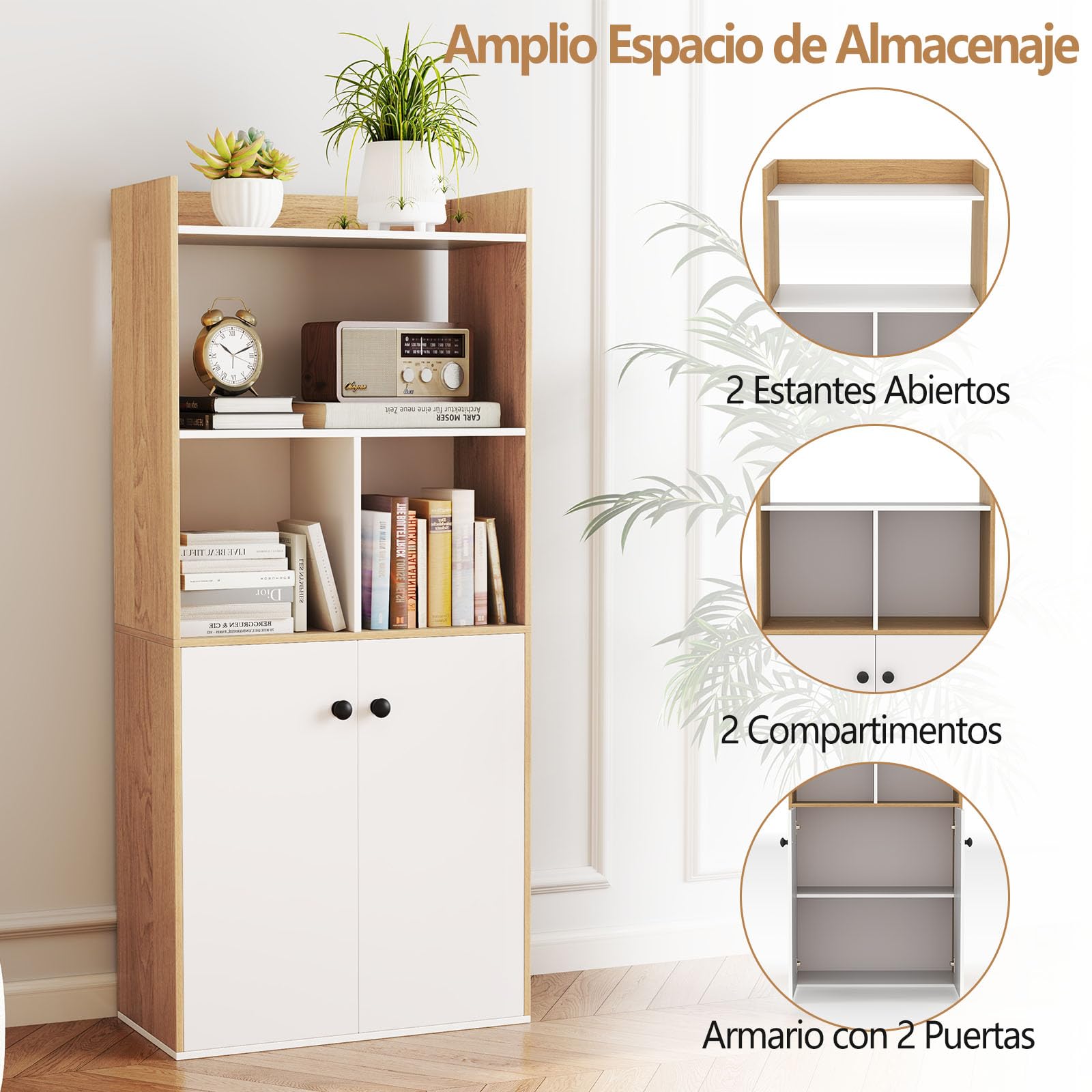 COSTWAY Estantería para Libros, Librería con Gabinete de 2 Puertas, Estantería Alto de 3 Niveles, Almacén Cocina para Sala de Estar, Dormitorio, Estudio, Cocina, 60 x 30 x 133 cm (Blanco y Natural)