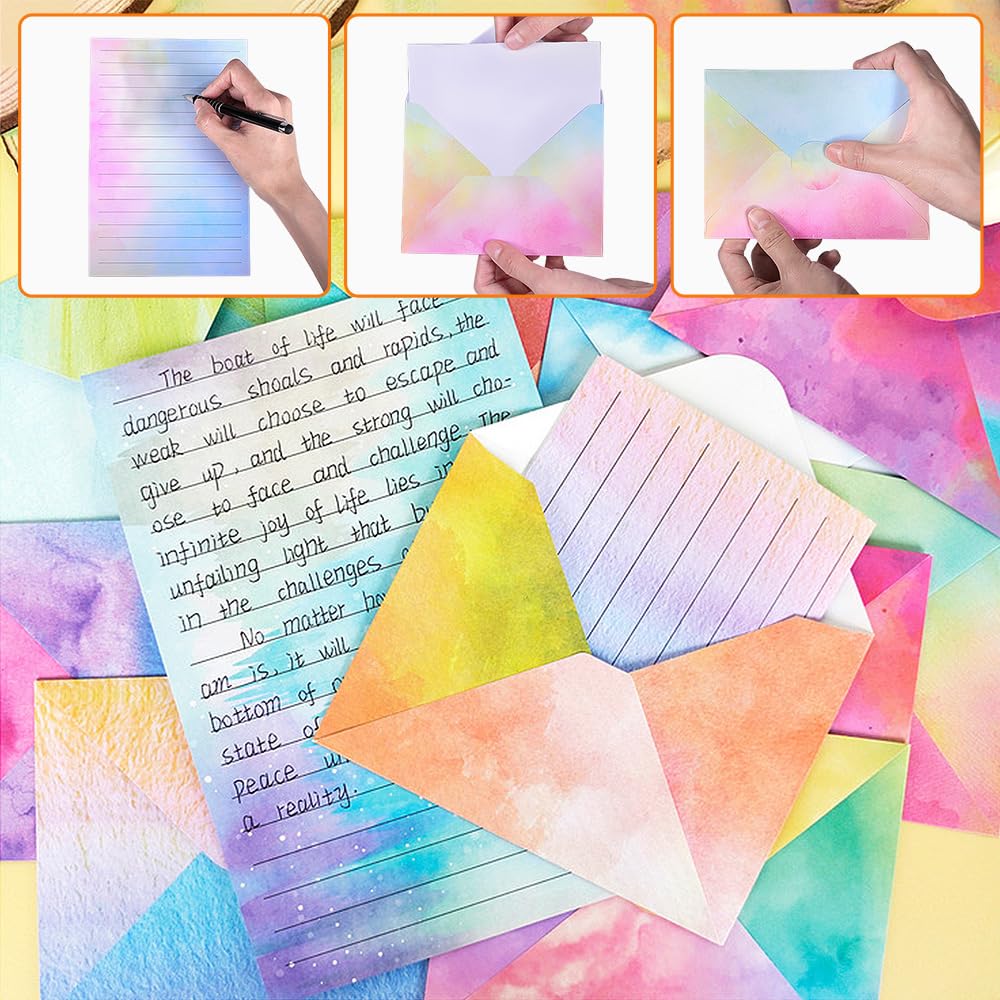 inodiref 160 PCS Stationery Paper Set Letter Writing Paper and Envelopes Beautiful Writing Paper and Envelopes Watercolor Letter Paper for Letters Valentine's Day Students Office Supplies(10 Colors) - Image 4