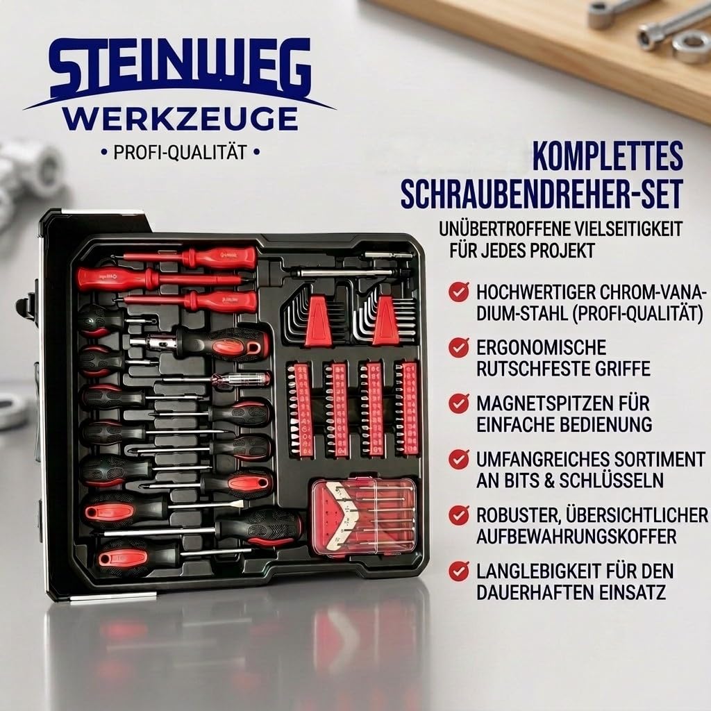 STEINWEG Aluminium Werkzeugkoffer Gefüllt 1400-tlg Werkzeug Set, Profi Werkzeugkoffer befüllt mit Schraubendreher, Schraubenschlüssel, Steckschlüssel, Zange, Hammer, Wasserwaage, komplett mit Werkzeug