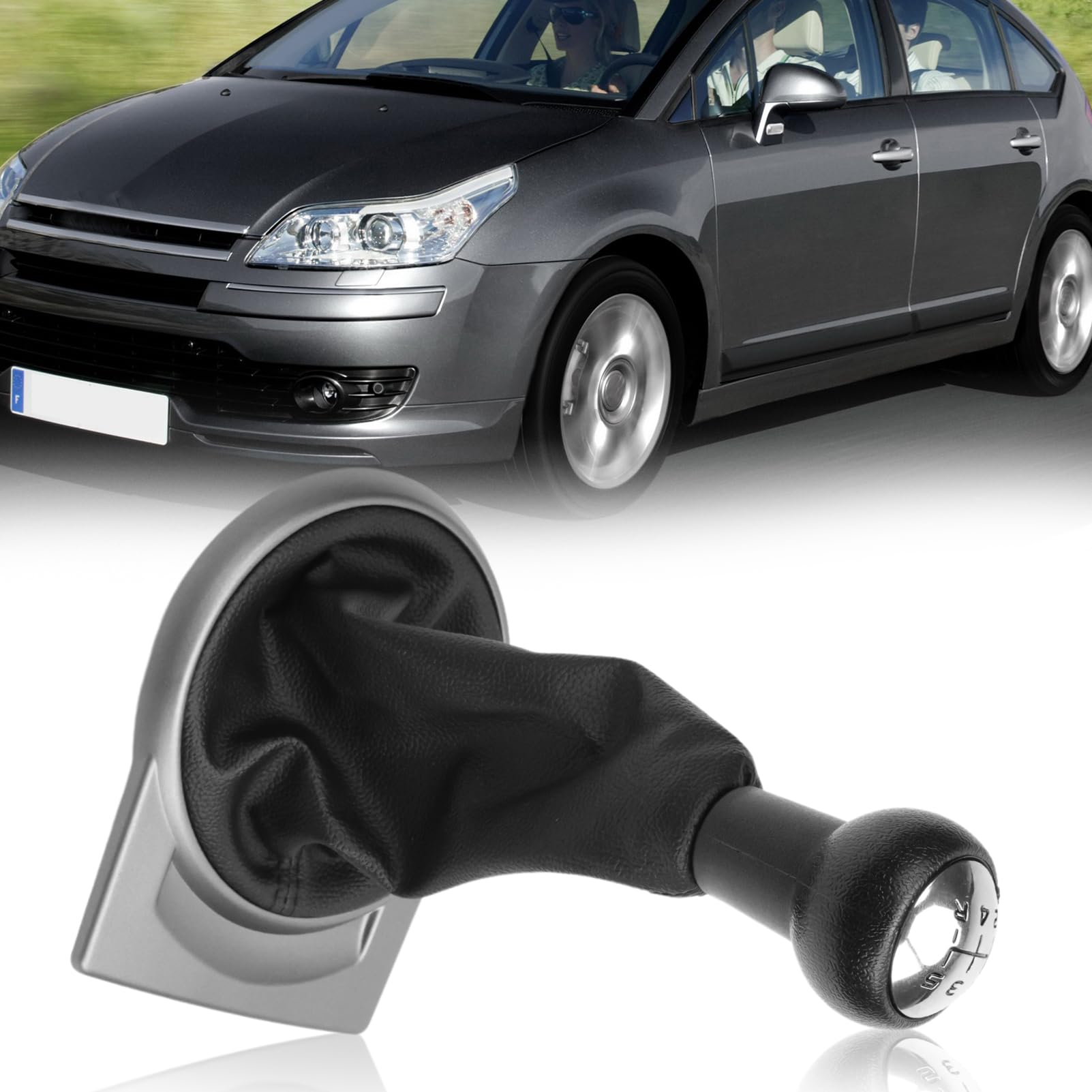 Pommeau Levier Vitesse pour Citroen C4 C1 C2 C3 Picasso Berlingo Saxo Peugeot 106 107 205 206 306 307 308 406 3008 Soufflet Pommeau manuel 5 vitesses(Noir Argent)