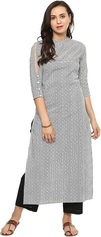 Idalia Black and White Dotted Stripes Cotton Kurta for Women