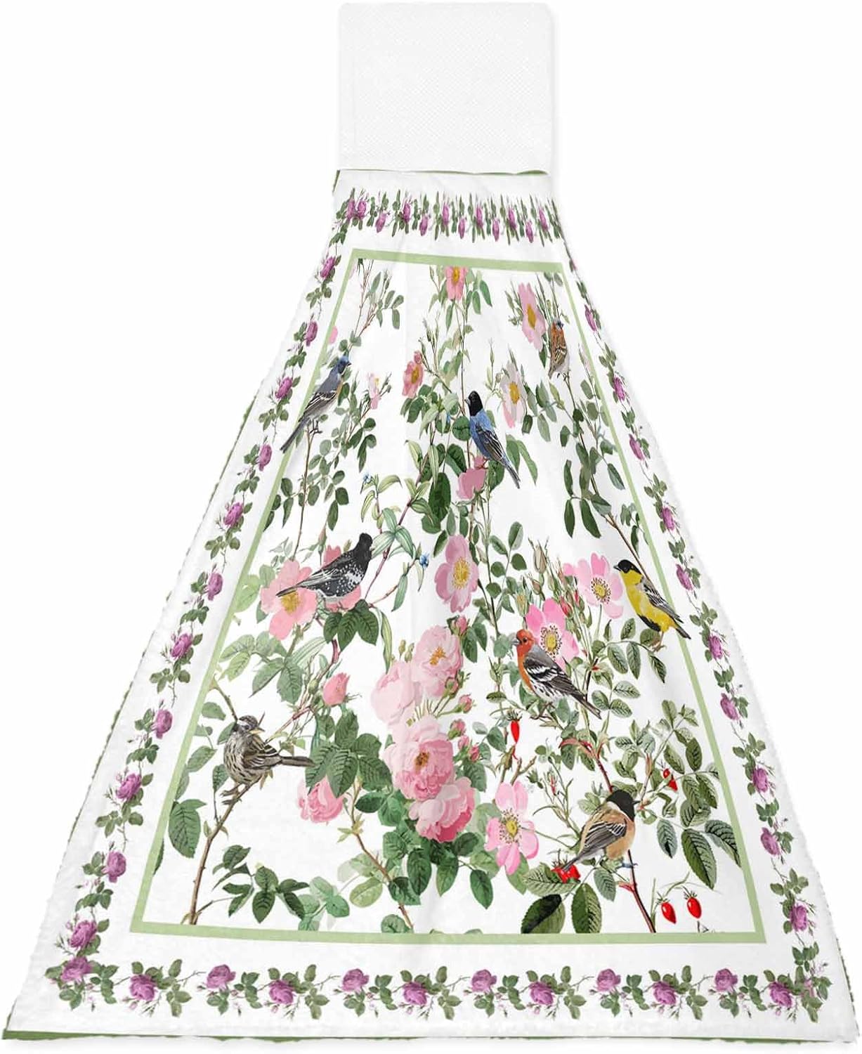 Pink Spring Floral Kitchen Hand Towels with Hanging Loops Set of 2 Elegant Pastoral Flowers Birds Watercolor Soft Thick Oven Fingertip Dry Microfiber Tie Dish Towel Absorbent Cleaning Washcloth