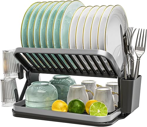 Temste Escurridor de platos plegable de 2 niveles, multifuncional, escurridor de platos con marco de aluminio para encimera de cocina, escurridor de