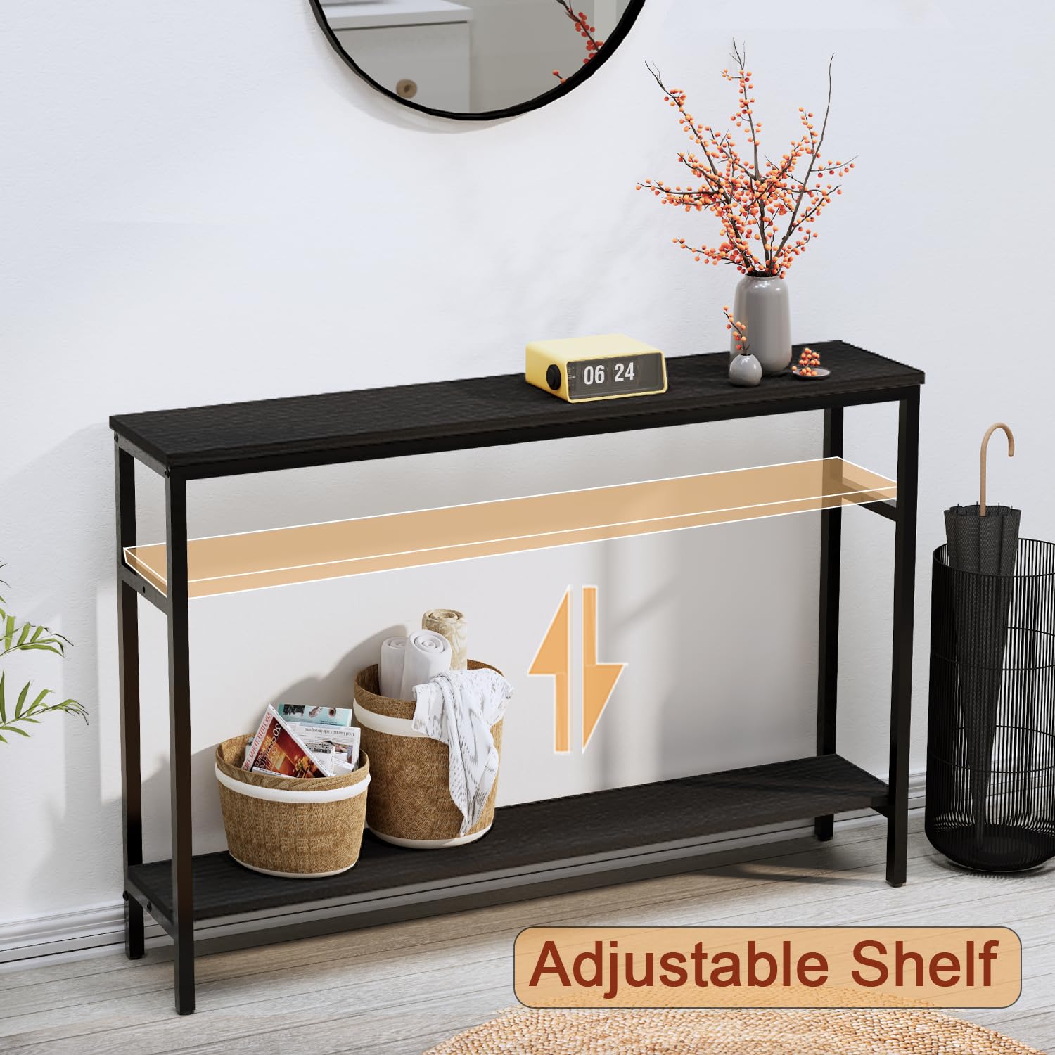 Mesa consola estrecha, mesa de sofá de 47 pulgadas con estante ajustable, mesa delgada de 2 niveles para pasillo, entrada, sala de estar, vestíbulo, color negro 2