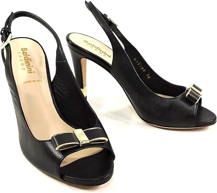 Baldinini Womens Leather Slingback Sandals, Peep Toe Bow Detail, Black with Gold Accents