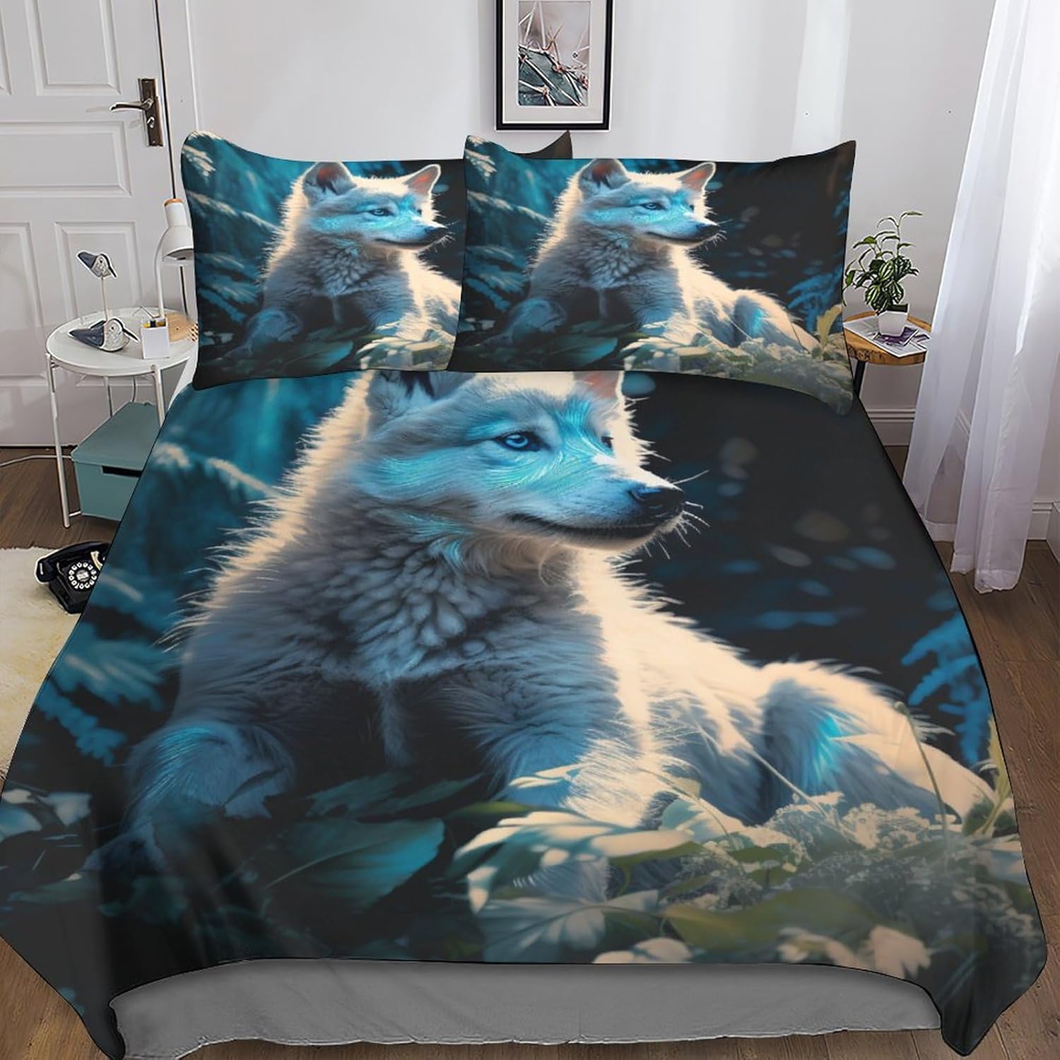 flapperons White Wolf Bedding Set for Boys Teenagers Duvet Cover Kids