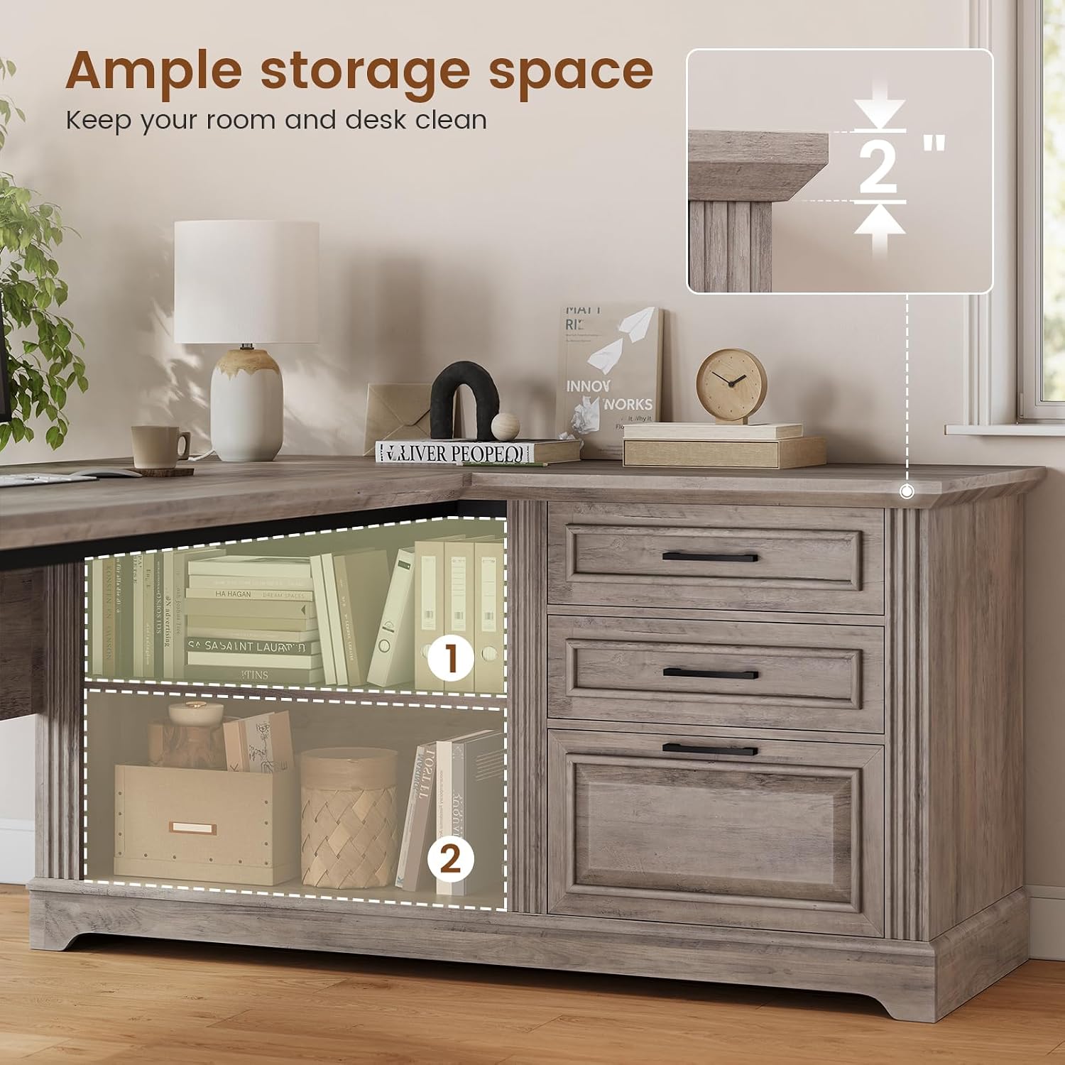 SEDETA Farmhouse 61" Executive Office Desk with Drawers for Home Office | L Shaped Desk with Storage,Home Office Desk with File Drawers,Executive Computer Desk with Power Outlets,Grey image 3