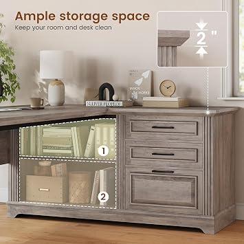 SEDETA Executive Desk, 61 Farmhouse L Shaped Desk with File Drawers, Office Desk with Drawers and Power Outlets, Computer Desk with Storage Shelves for Home Office, Grey