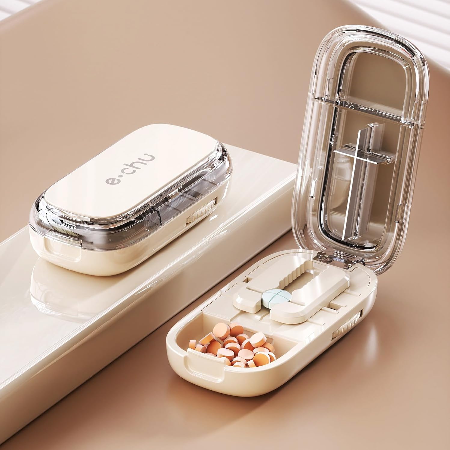 Pill Cutter (Off-White with Brush) Cutter Divider丨Pill Divider丨Pill Divider, Pill Divider for Cutting Pills, cuts Small or Large Pills in Half, Suitable for Travel, Pets