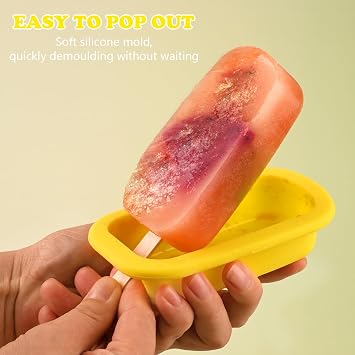 4 Pcs Silicone Popsicle Molds with Lid & 50 Pcs Wooden Popsicle Sticks, Stackable Classic Oval Ice Cream Molds for Homemade Ice Pop, Cakesicles, Freezer Yogurt and Fruit Juice (Multicolor)