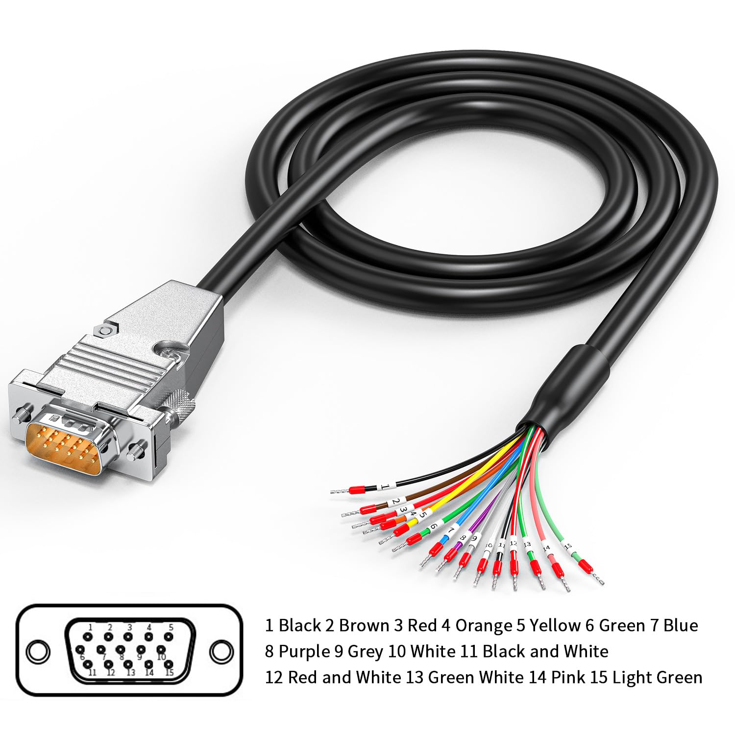 HDB15 Male to Bare Wire Termination Cable for Servo Drive I/O Control, 15-Pin Metal D-Sub Connector, 26AWG 3.3FT/1M, VGA/Serial Extension Compatible