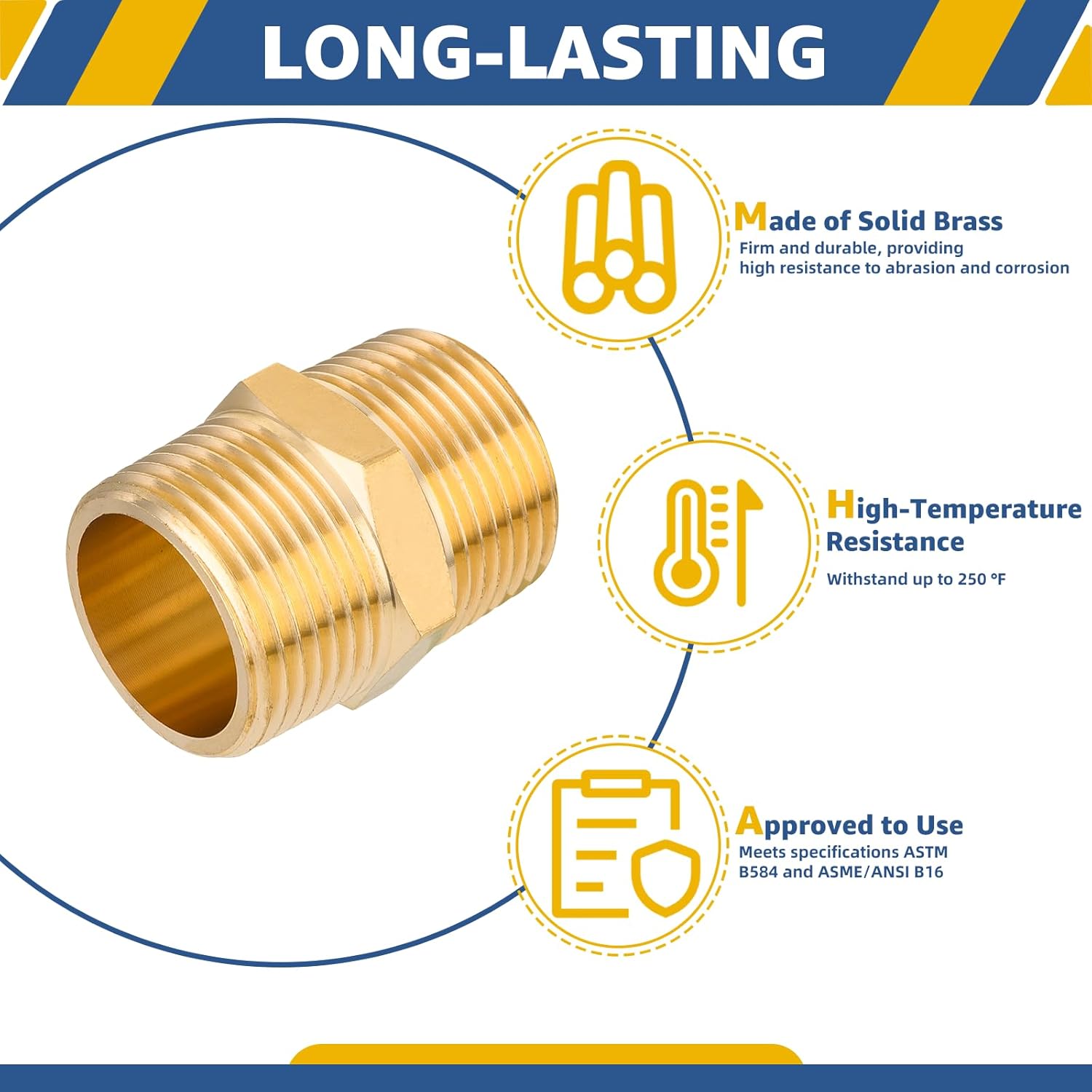 Brass Pipe Fitting,3/4"x3/4" NPT Male Hex Nipple Adapter,3/4 Inch NPT Equal Hex Nipple Connector For Copper, Brass or Iron Pipe Connection(5 PACK)(NPT014-5Pack)