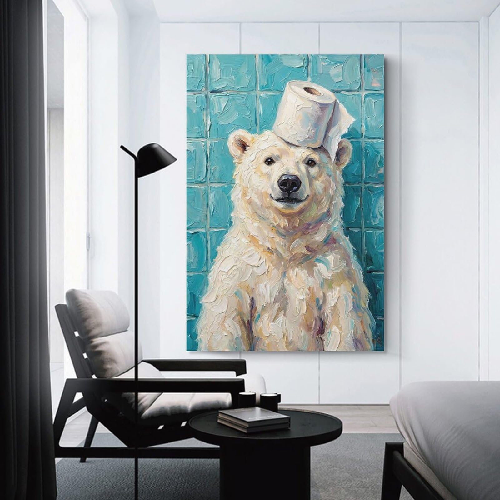 Junmoney Unframe-Style-10 Canvas Wall Decor Polar Bear With Toilet Paper Hat, 24X36inch(60X90cm), For Home Lounge, Bedroom Or Reading Nook, Eye Catching Artwork For Blank Walls