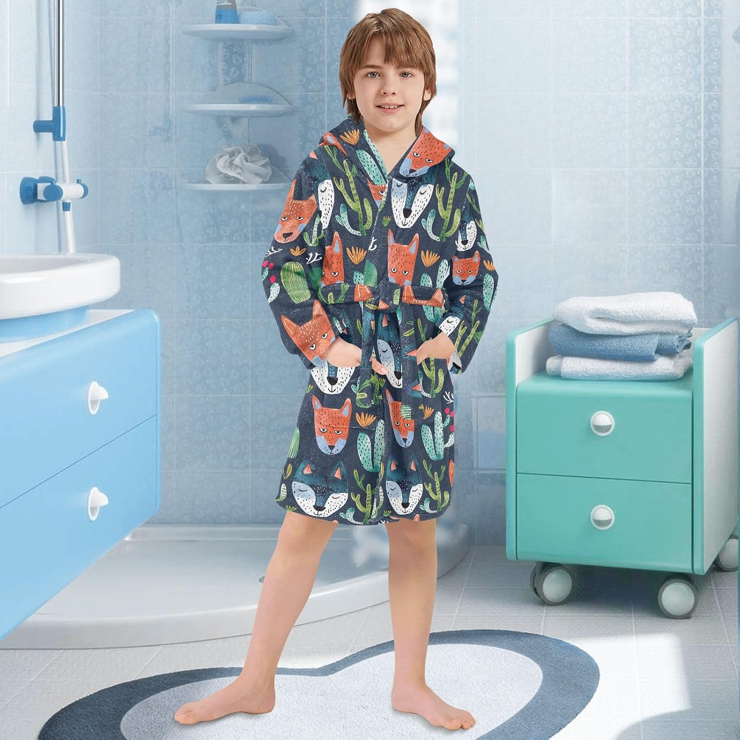 senya Foxs Face Cacti Toddler Hooded Bathrobe Kids Soft Plush Bath Towel Robes for Boys Girls 2-12 Years