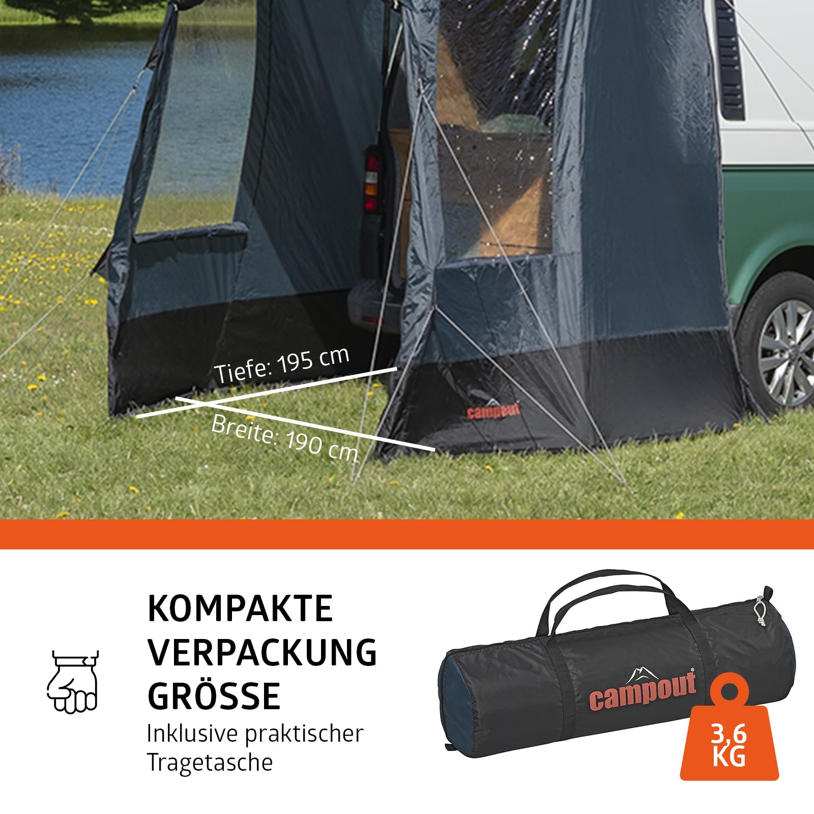 Campout Auto Heckzelt Bus Camper Campout – Heckklappenzelt VW T5/T6/T6.1 & Mercedes Vito/V-Class – 3000 mm Wasserdicht– inkl. Vordachstangen – Anbauhöhe 185–200 cm
