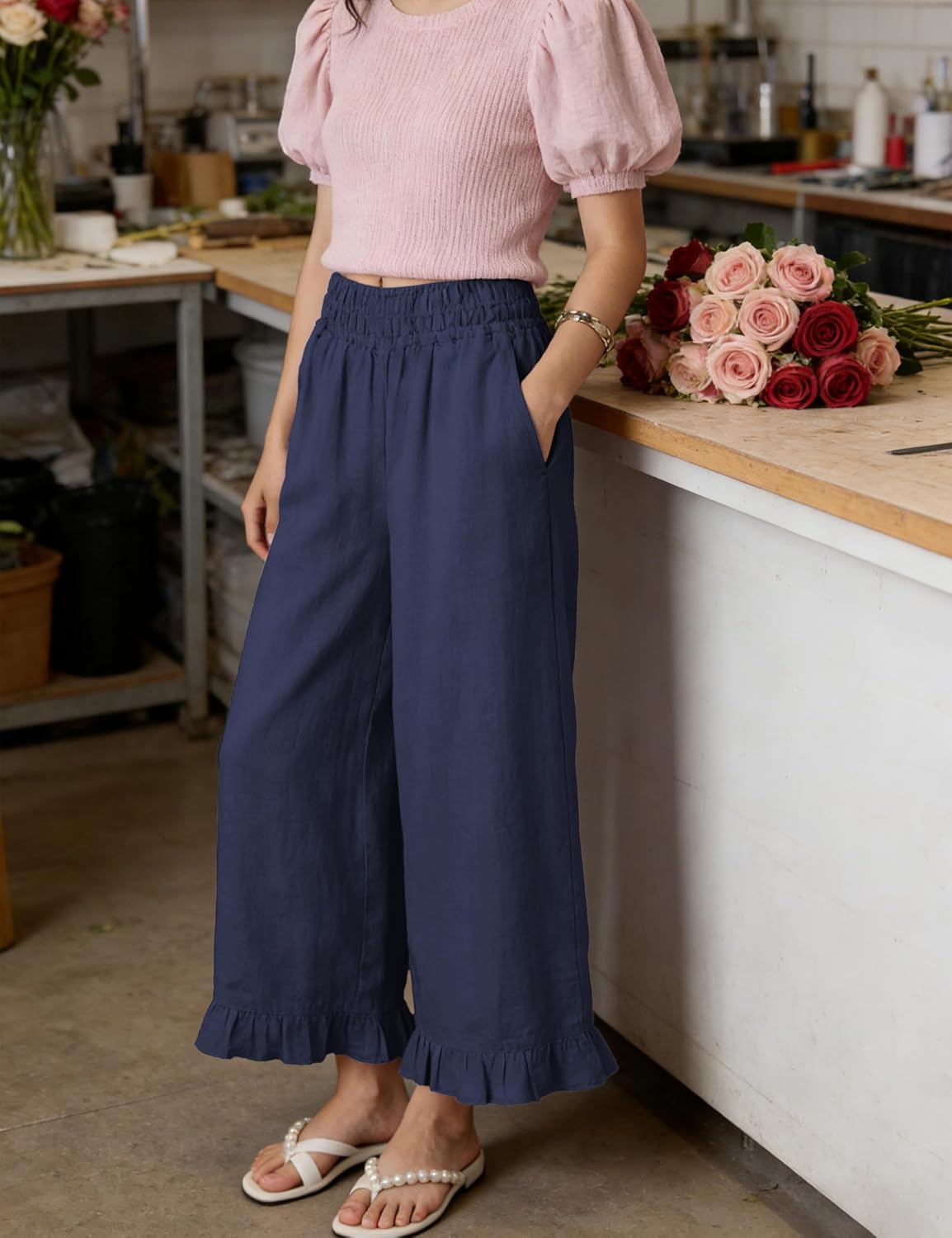 Women's Wide Leg Pants High Waist Ruffle Hem Casual Loose Cropped Trousers Solid Color Lightweight Daily Lounge