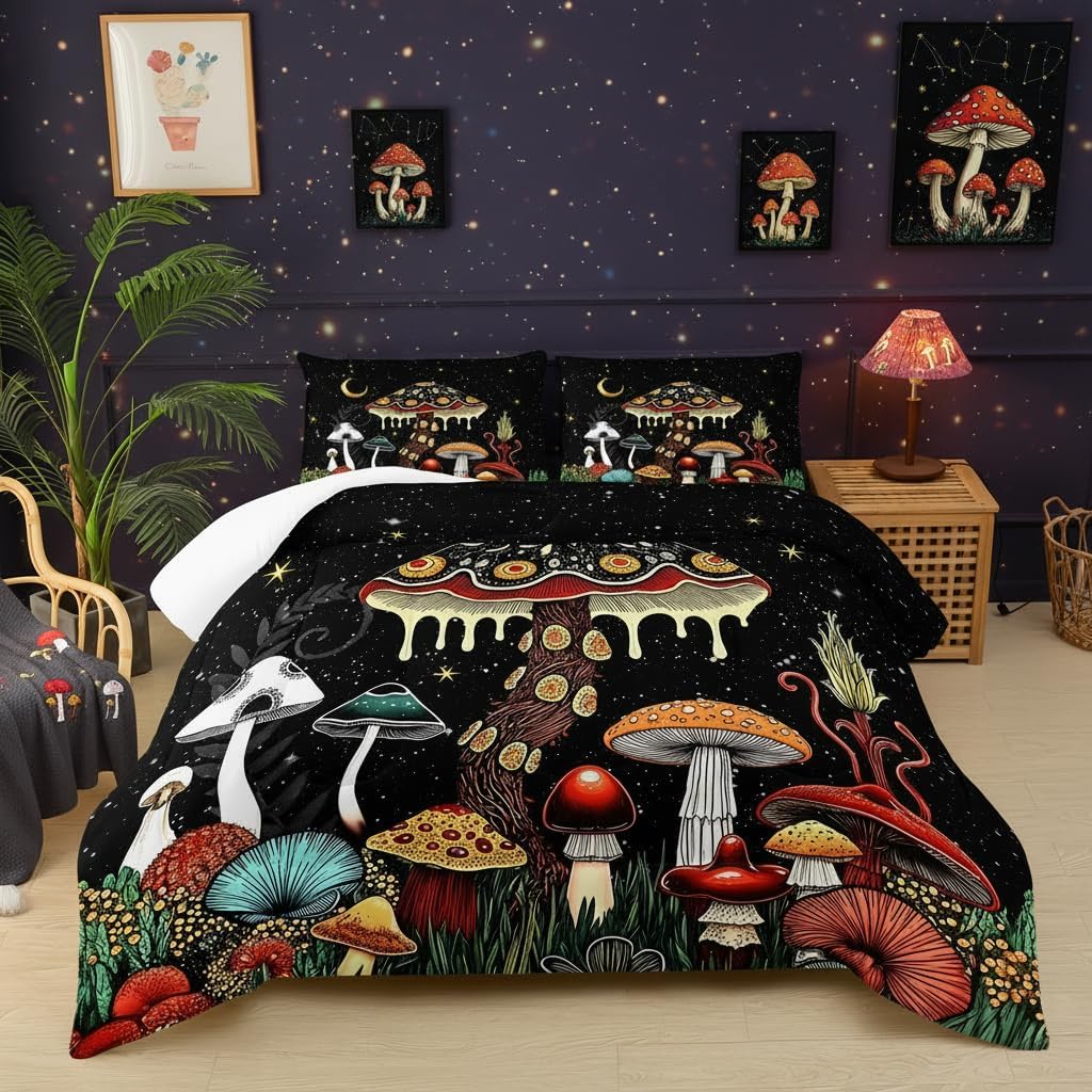 Mushroom Comforter Queen Bed Set，Queen Size Mushroom Bedding Set，with 1 Comforter with 2 Pillow Case