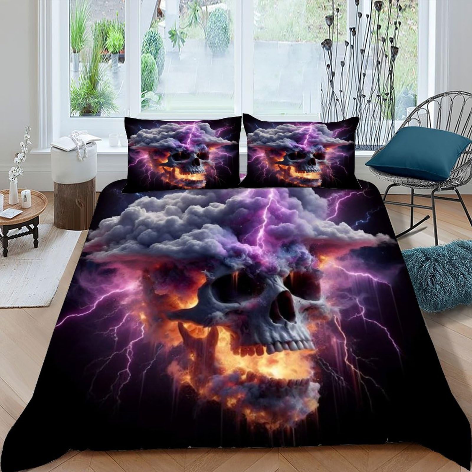 Housse de couette skull 220x240 gothique parure de lit microfibre avec taies d'oreiller