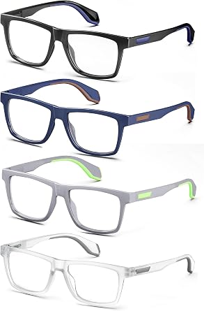 MODFANS Rubber Temples Pack of 4 Reading Glasses Men's Blue Light Filter Good Glasses High Quality Comfortable Super Reading Aid Reading Glasses Men