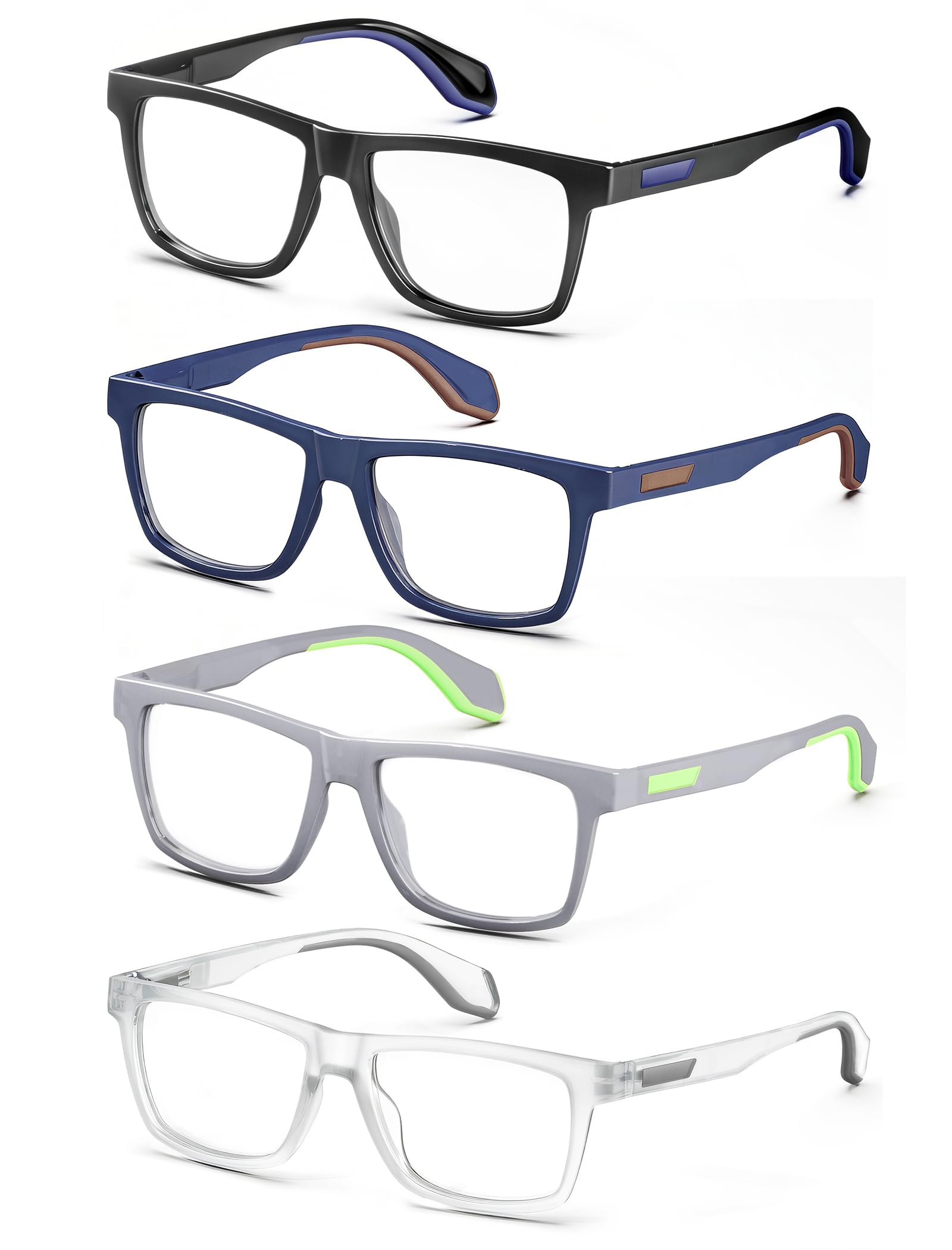MODFANS Varillas de Goma,Un Pack de 4 Gafas de Lectura Hombres Anti Luz Azul,Lente Clara,Vision Clara,Ligeras Comodas,Colores Mezclados