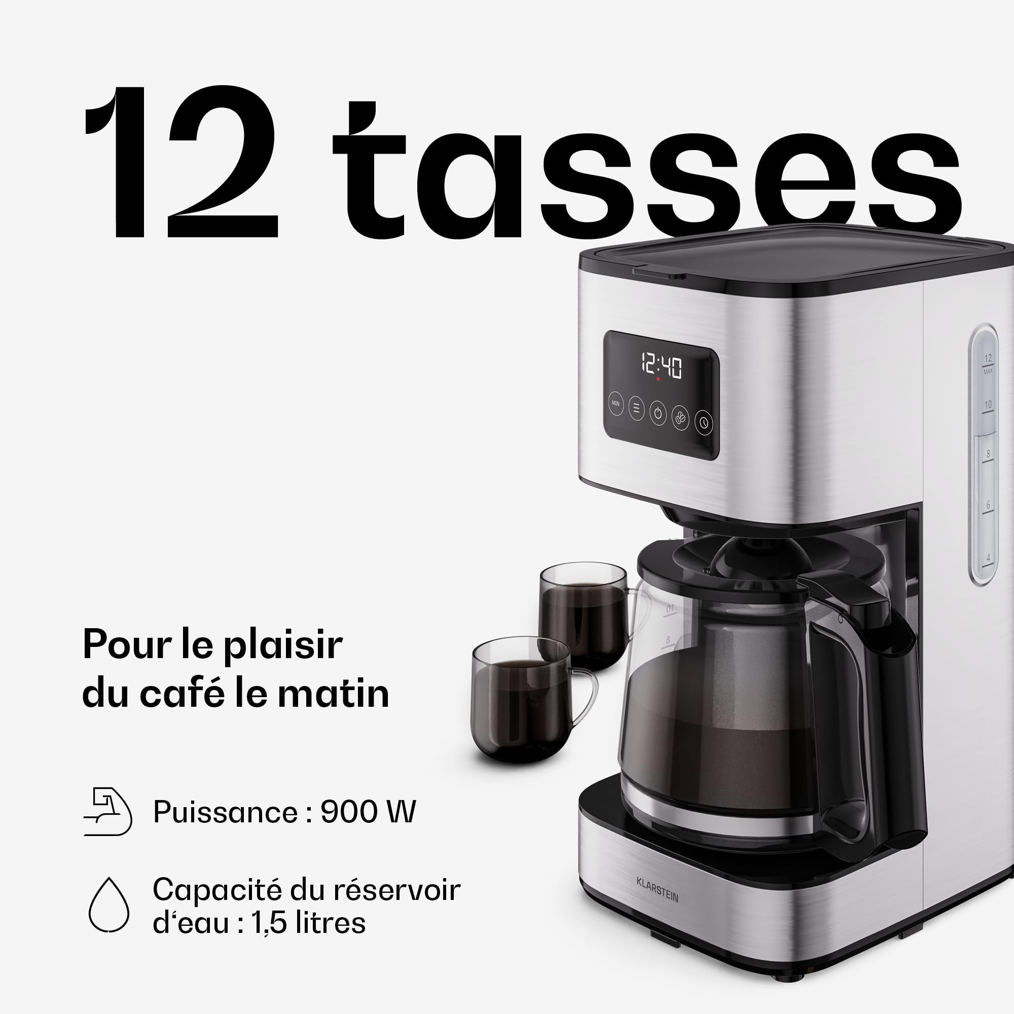 KLARSTEIN Verosteel Cafetière filtre - Cafetière en acier inoxydable, 1,5 L (jusqu'à 12 tasses), écran LCD, maintien au chaud 40 min, système anti-gouttes, arrêt automatique