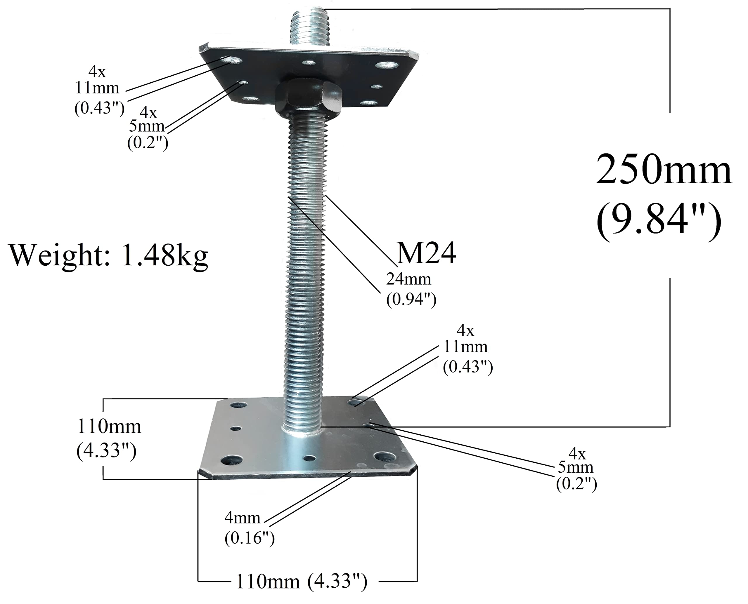 4X Adjustable Bolt Down Pergola Post Support Shoe Feet Galvanised Heavy Duty 4mm Thick Metal Steel Sheet Size 110mm x 110mm x 250mm 4.33" x 4.33" x 9.84" - Image 2