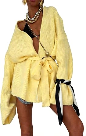 LKOUS Women's Long Sleeve Lightweight Soft Sweater V Neck Lace Up Waist Open Front Solid Knit Cardiagns with Belt