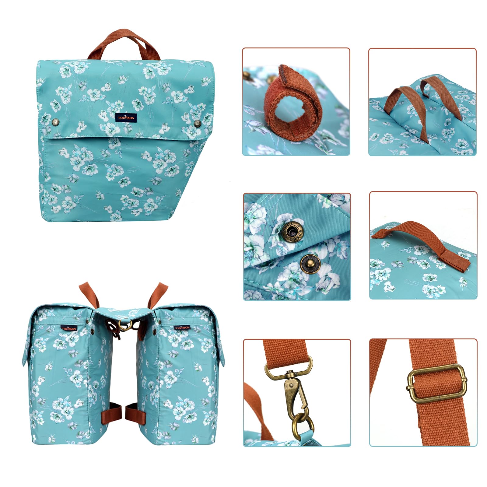 TOURBON - Borsa impermeabile in tela per bicicletta, con doppio avvolgimento, per sedile posteriore (motivo floreale)