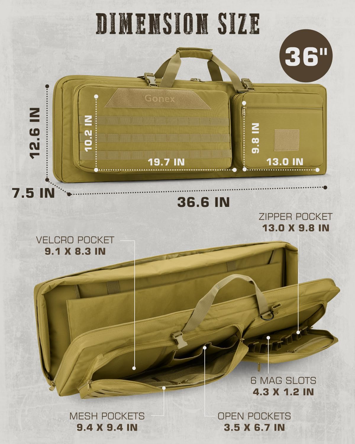 Gonex Double Rifle Case Soft Bag 36"/42'', Tactical Long Gun Backpack with Lockable YKK Zippers, Multi-Pocket Storage, 3-Way Carry, Durable Outdoor Gear Bag - Image 3